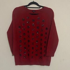 Talbots Red Sweater Black sequins Accents women L cashmere soft stretchy cozy